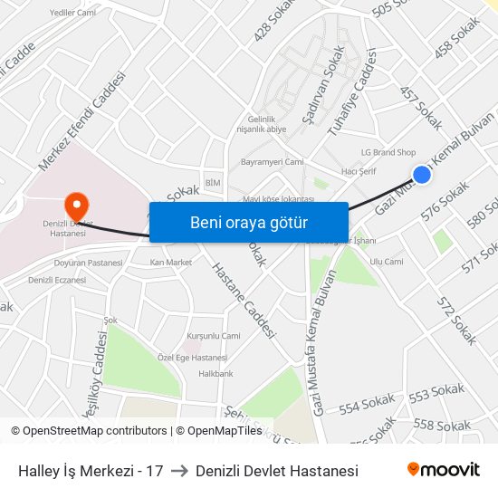 Halley İş Merkezi - 17 to Denizli Devlet Hastanesi map