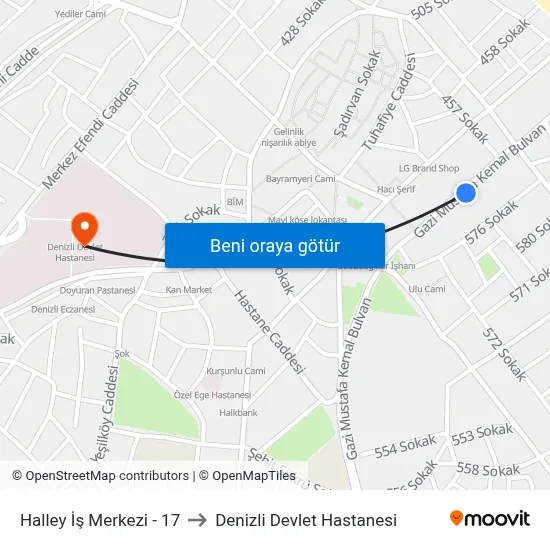 Halley İş Merkezi - 17 to Denizli Devlet Hastanesi map