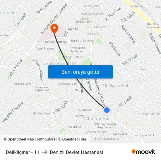 Delikliçınar - 11 to Denizli Devlet Hastanesi map