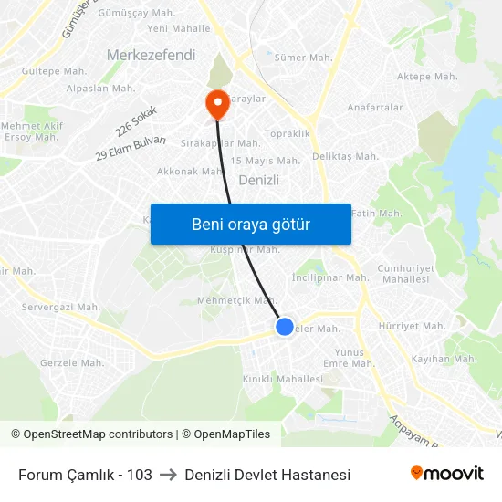 Forum Çamlık - 103 to Denizli Devlet Hastanesi map