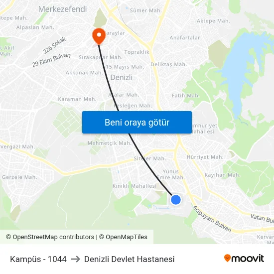 Kampüs - 1044 to Denizli Devlet Hastanesi map