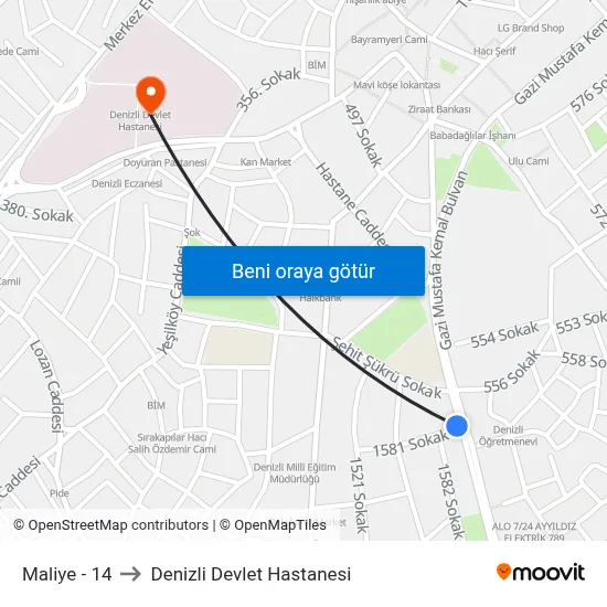 Maliye - 14 to Denizli Devlet Hastanesi map