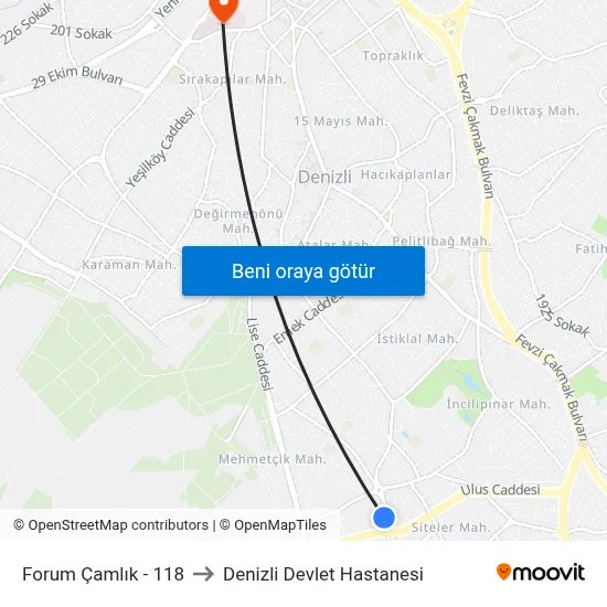 Forum Çamlık - 118 to Denizli Devlet Hastanesi map
