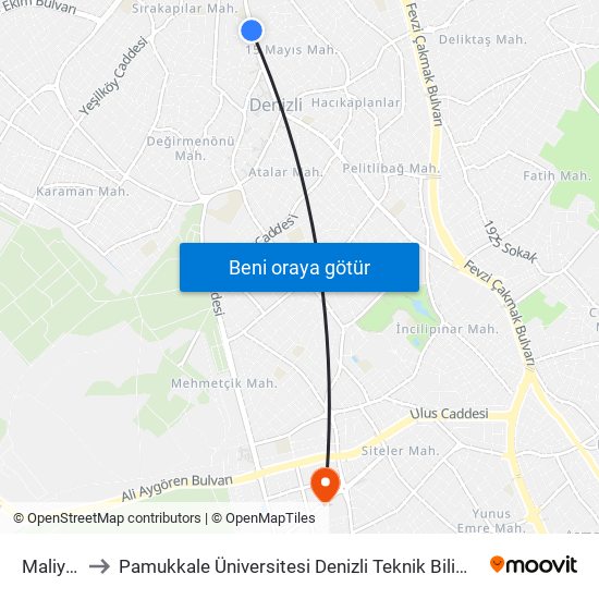 Maliye - 14 to Pamukkale Üniversitesi Denizli Teknik Bilimler Meslek Yüksekokulu map