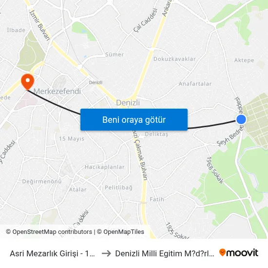 Asri Mezarlık Girişi - 1694 to Denizli Milli Egitim M?d?rl?g? map