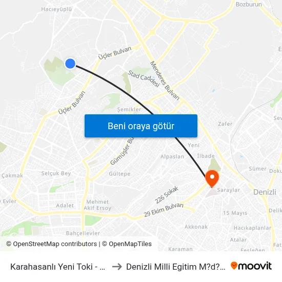 Karahasanlı Yeni Toki - 1652 to Denizli Milli Egitim M?d?rl?g? map