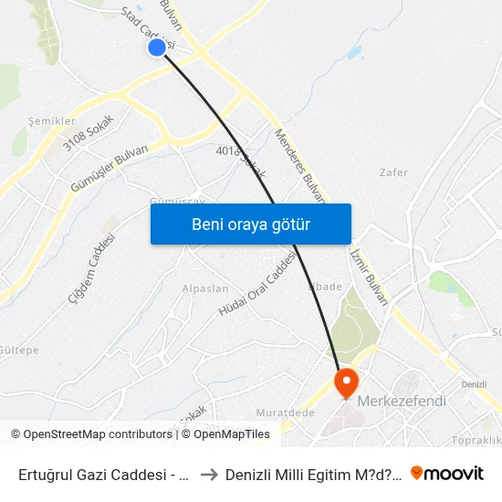 Ertuğrul Gazi Caddesi - 1296 to Denizli Milli Egitim M?d?rl?g? map