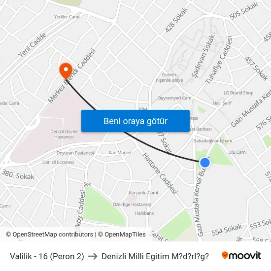 Valilik - 16 (Peron 2) to Denizli Milli Egitim M?d?rl?g? map