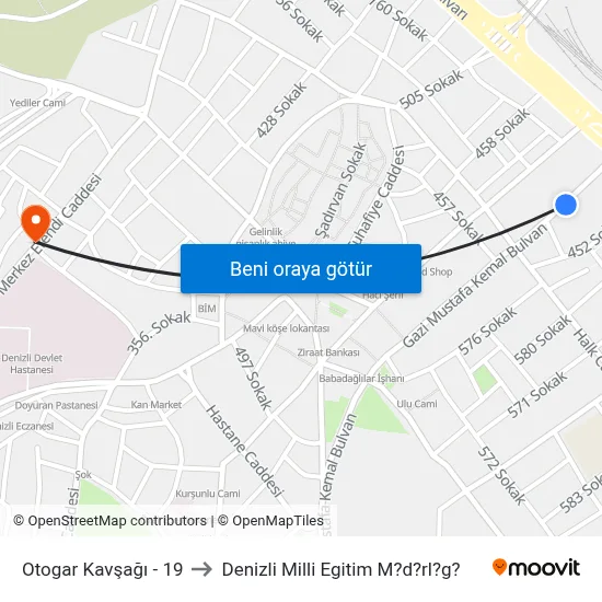 Otogar Kavşağı - 19 to Denizli Milli Egitim M?d?rl?g? map