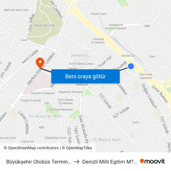Büyükşehir Otobüs Terminali - 896 to Denizli Milli Egitim M?d?rl?g? map