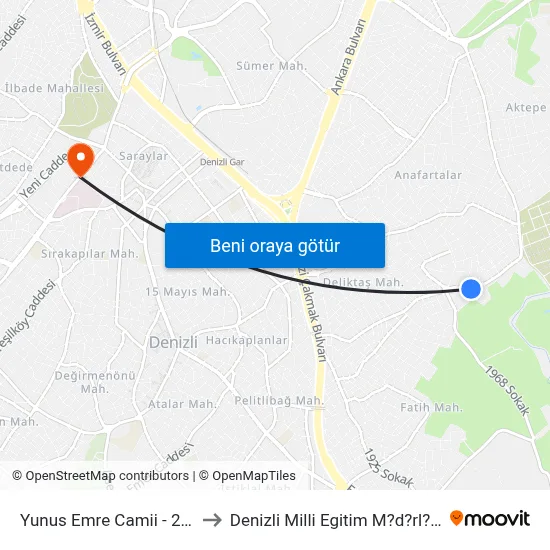 Yunus Emre Camii - 255 to Denizli Milli Egitim M?d?rl?g? map