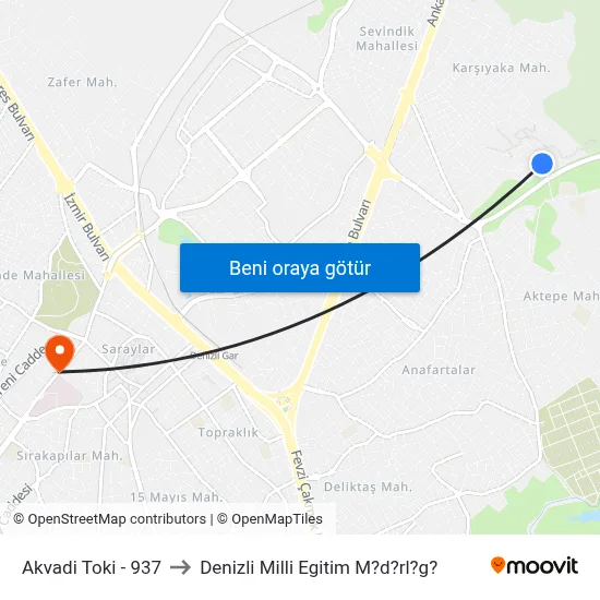 Akvadi Toki - 937 to Denizli Milli Egitim M?d?rl?g? map