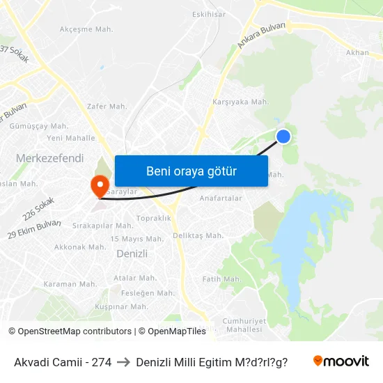 Akvadi Camii - 274 to Denizli Milli Egitim M?d?rl?g? map