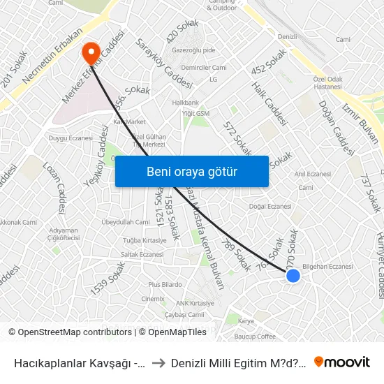 Hacıkaplanlar Kavşağı - 383 to Denizli Milli Egitim M?d?rl?g? map