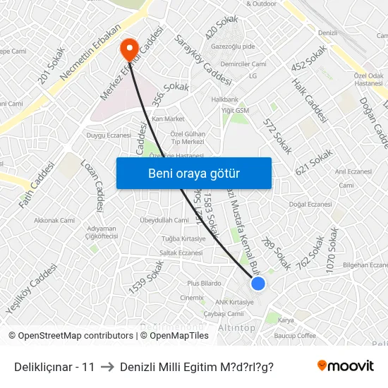 Delikliçınar - 11 to Denizli Milli Egitim M?d?rl?g? map