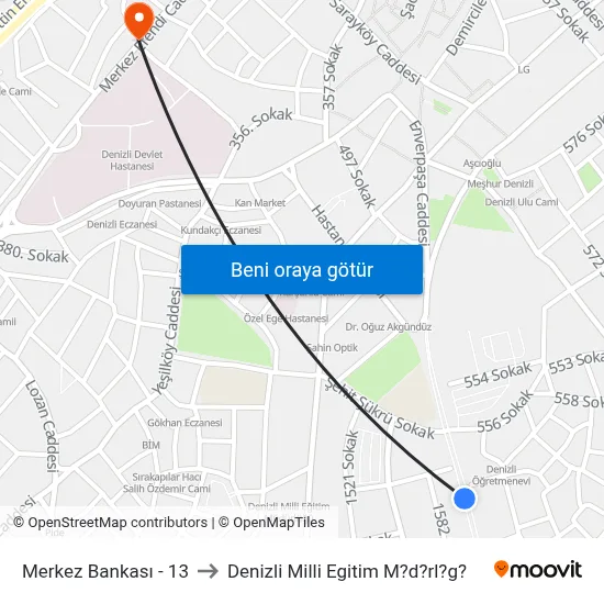Merkez Bankası - 13 to Denizli Milli Egitim M?d?rl?g? map