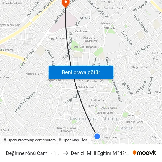 Değirmenönü Camii - 1200 to Denizli Milli Egitim M?d?rl?g? map