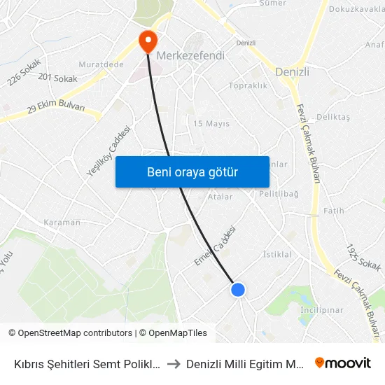 Kıbrıs Şehitleri Semt Polikliniği - 68 to Denizli Milli Egitim M?d?rl?g? map
