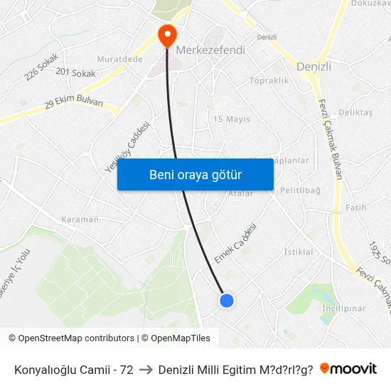 Konyalıoğlu Camii - 72 to Denizli Milli Egitim M?d?rl?g? map