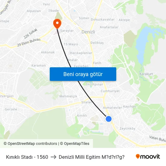 Kınıklı Stadı - 1560 to Denizli Milli Egitim M?d?rl?g? map
