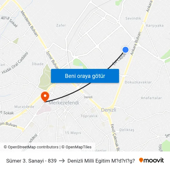 Sümer 3. Sanayi - 839 to Denizli Milli Egitim M?d?rl?g? map