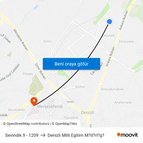 Sevindik 9 - 1209 to Denizli Milli Egitim M?d?rl?g? map