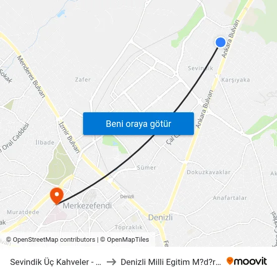 Sevindik Üç Kahveler - 370 to Denizli Milli Egitim M?d?rl?g? map