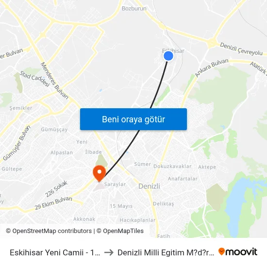 Eskihisar Yeni Camii - 1730 to Denizli Milli Egitim M?d?rl?g? map