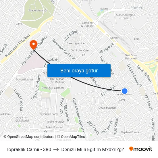 Topraklık Camii - 380 to Denizli Milli Egitim M?d?rl?g? map