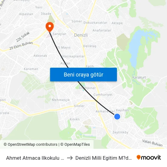 Ahmet Atmaca Ilkokulu - 233 to Denizli Milli Egitim M?d?rl?g? map
