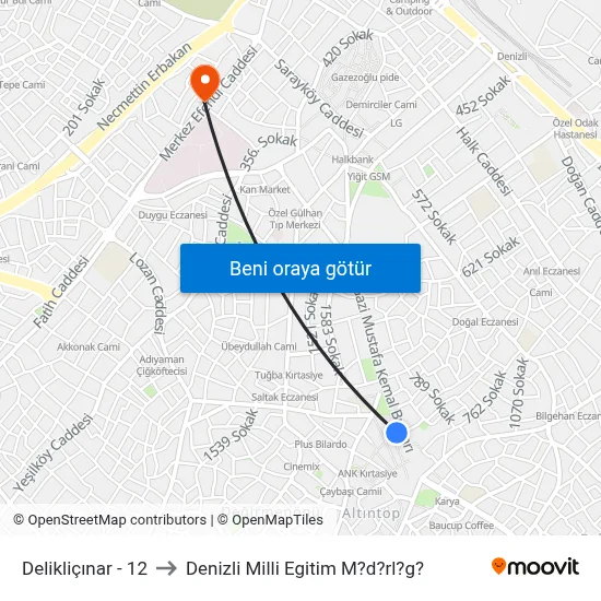 Delikliçınar - 12 to Denizli Milli Egitim M?d?rl?g? map
