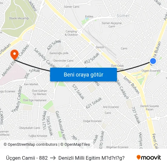 Üçgen Camii - 882 to Denizli Milli Egitim M?d?rl?g? map