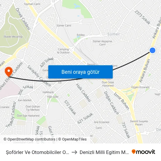 Şoförler Ve Otomobilciler Odası - 285 to Denizli Milli Egitim M?d?rl?g? map