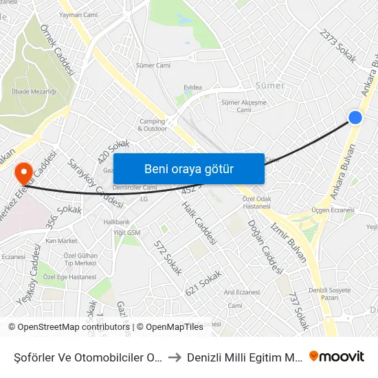 Şoförler Ve Otomobilciler Odası - 286 to Denizli Milli Egitim M?d?rl?g? map