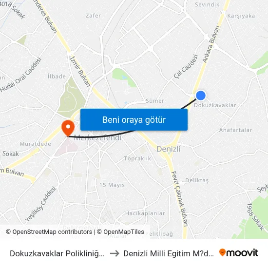 Dokuzkavaklar Polikliniği - 301 to Denizli Milli Egitim M?d?rl?g? map