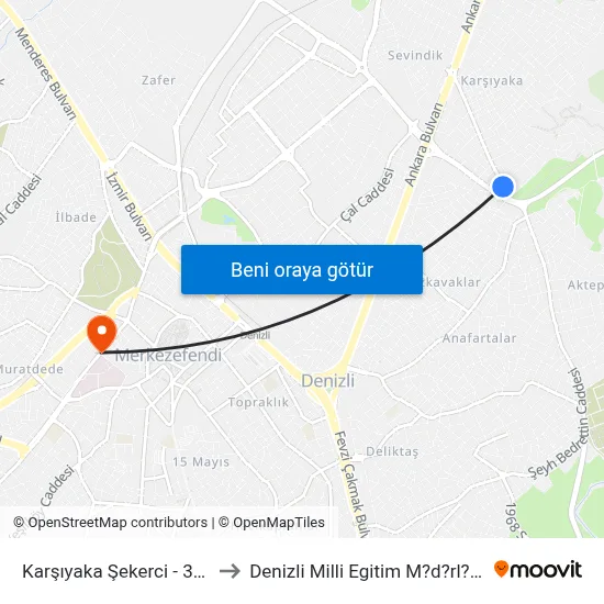 Karşıyaka Şekerci - 305 to Denizli Milli Egitim M?d?rl?g? map