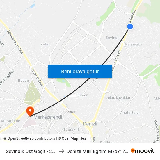 Sevindik Üst Geçit - 298 to Denizli Milli Egitim M?d?rl?g? map