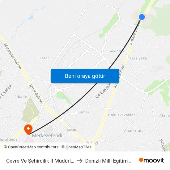 Çevre Ve Şehircilik İl Müdürlüğü - 1093 to Denizli Milli Egitim M?d?rl?g? map