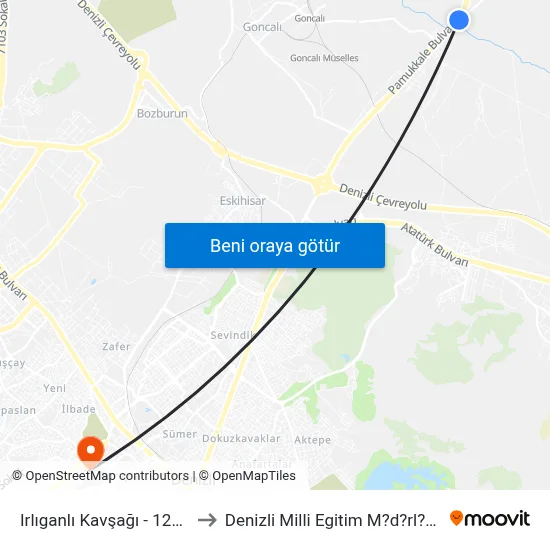 Irlıganlı Kavşağı - 1230 to Denizli Milli Egitim M?d?rl?g? map