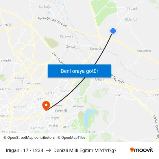 Irlıganlı 17 - 1234 to Denizli Milli Egitim M?d?rl?g? map