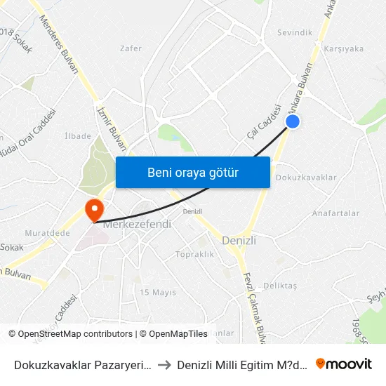 Dokuzkavaklar Pazaryeri - 289 to Denizli Milli Egitim M?d?rl?g? map