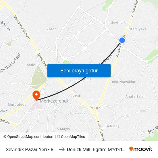 Sevindik Pazar Yeri - 895 to Denizli Milli Egitim M?d?rl?g? map