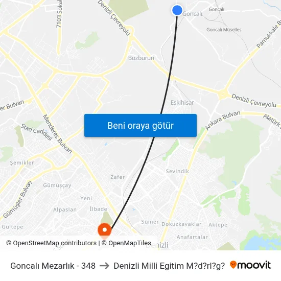 Goncalı Mezarlık - 348 to Denizli Milli Egitim M?d?rl?g? map