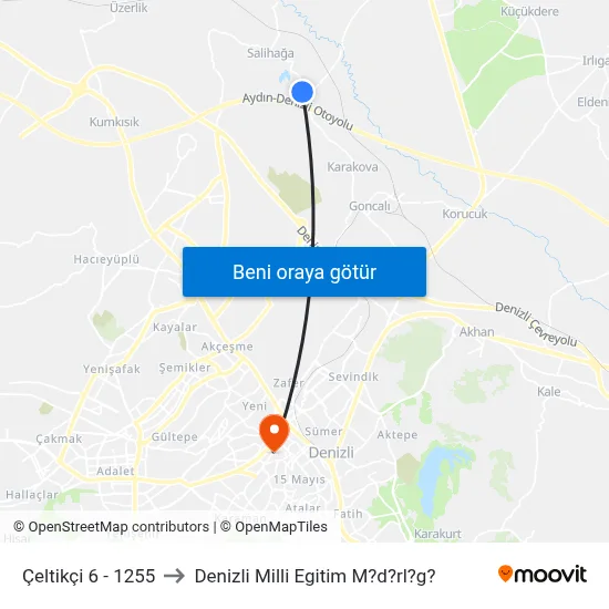 Çeltikçi 6 - 1255 to Denizli Milli Egitim M?d?rl?g? map