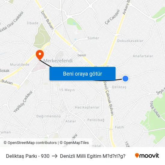 Deliktaş Parkı - 930 to Denizli Milli Egitim M?d?rl?g? map