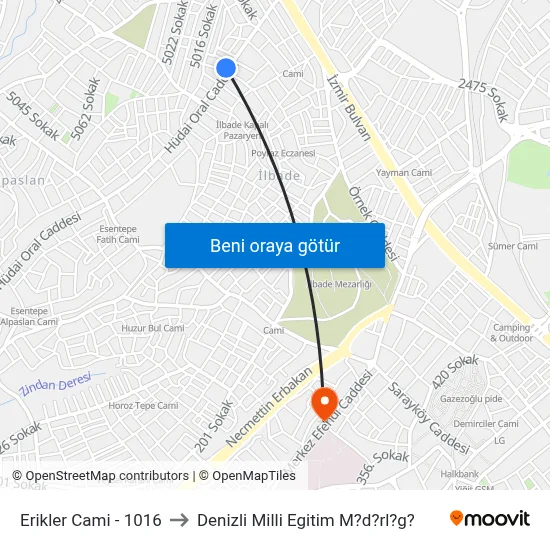 Erikler Cami - 1016 to Denizli Milli Egitim M?d?rl?g? map