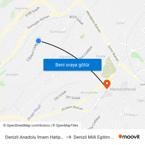 Denizli Anadolu İmam Hatip Lisesi - 952 to Denizli Milli Egitim M?d?rl?g? map