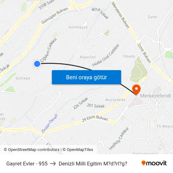 Gayret Evler - 955 to Denizli Milli Egitim M?d?rl?g? map