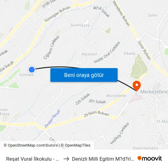 Gültepe Pazaryeri - 956 to Denizli Milli Egitim M?d?rl?g? map