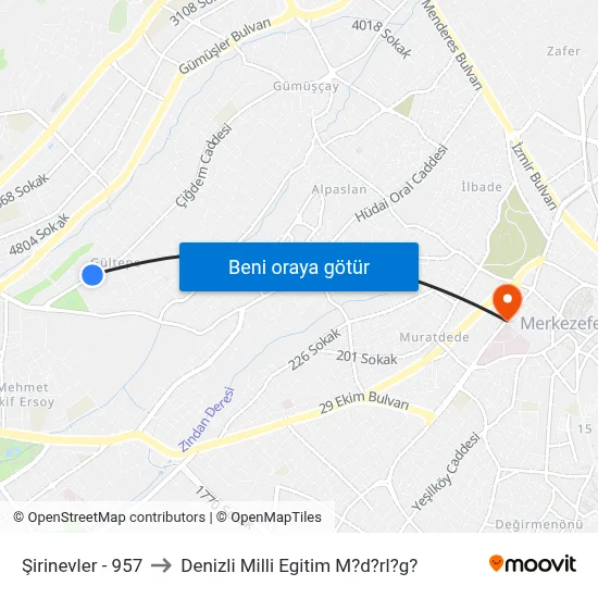 Şirinevler - 957 to Denizli Milli Egitim M?d?rl?g? map